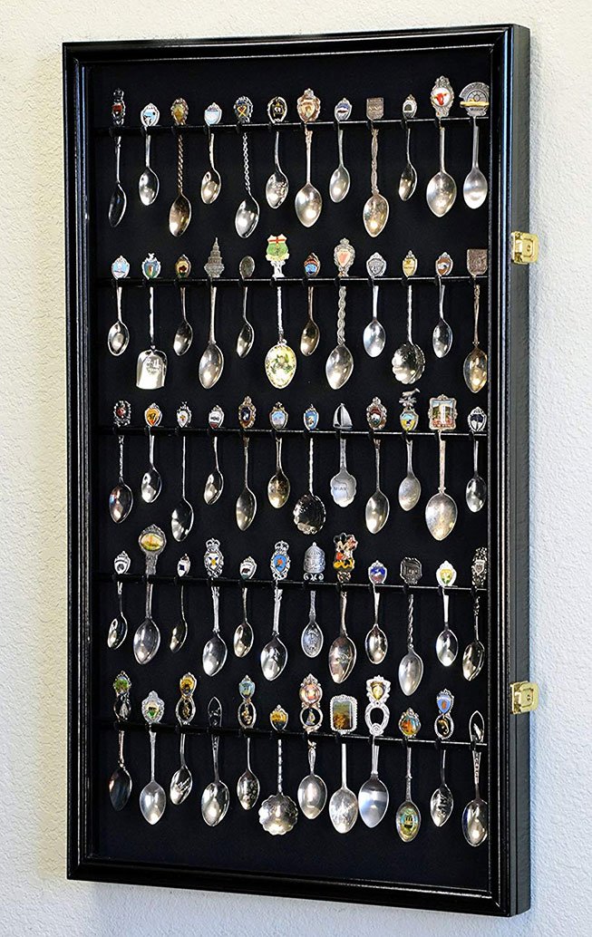 A black finish 60-spoon display case cabinet holder rack made from Australian beech wood, featuring a felt background and plexiglass door.