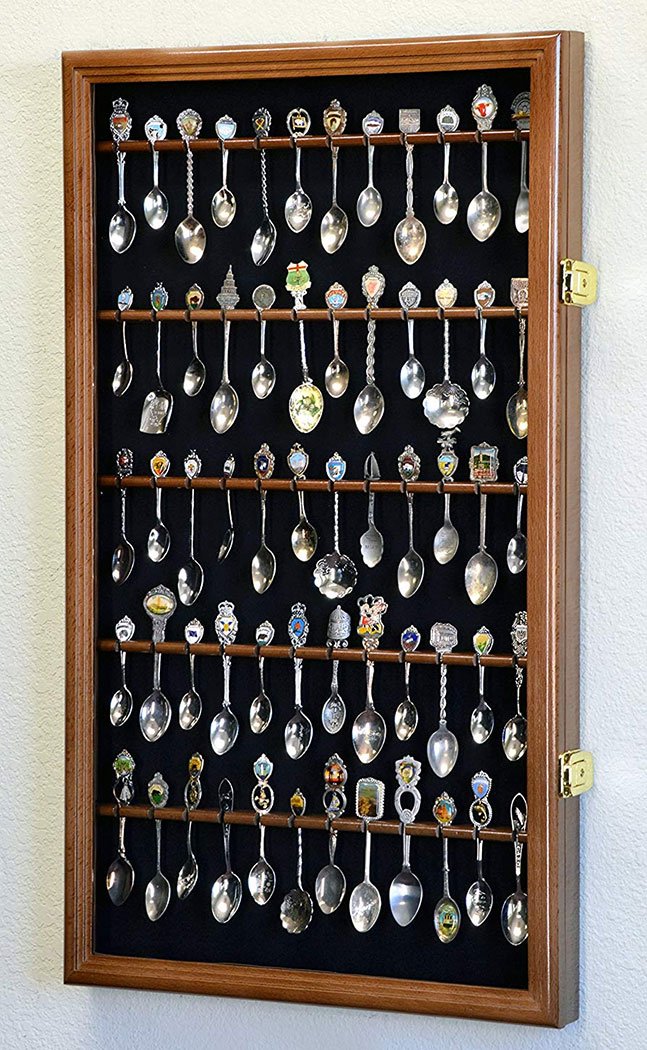 Elegant 60-spoon display case cabinet holder rack in walnut finish, showcasing a black felt background and heavy-duty locks.