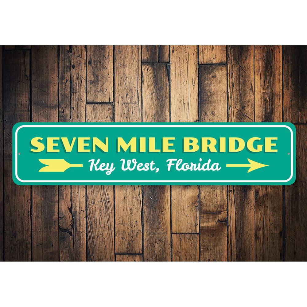 7 Mile Bridge Sign made of aluminum, featuring vibrant colors and a coastal design, perfect for beach-themed decor.