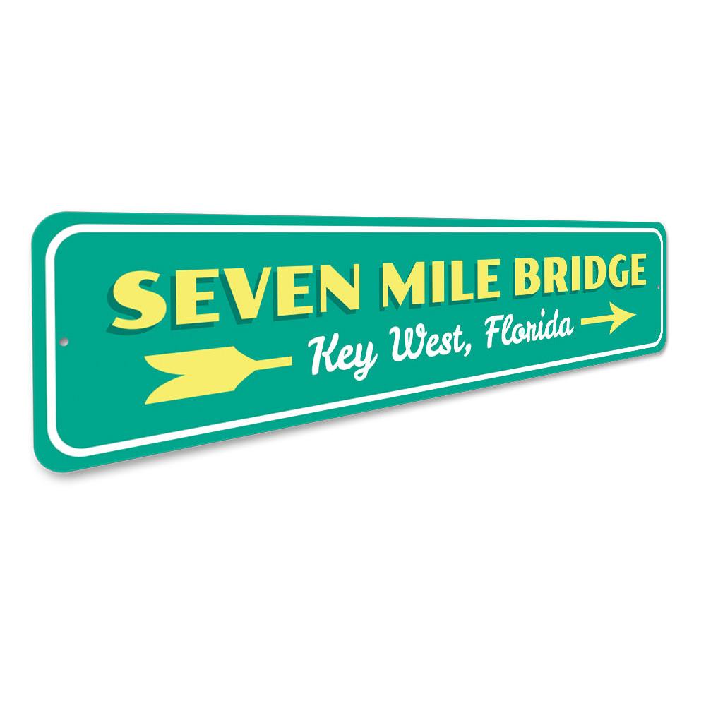 7 Mile Bridge Sign made of aluminum, featuring vibrant colors and a coastal design, perfect for beach-themed decor.