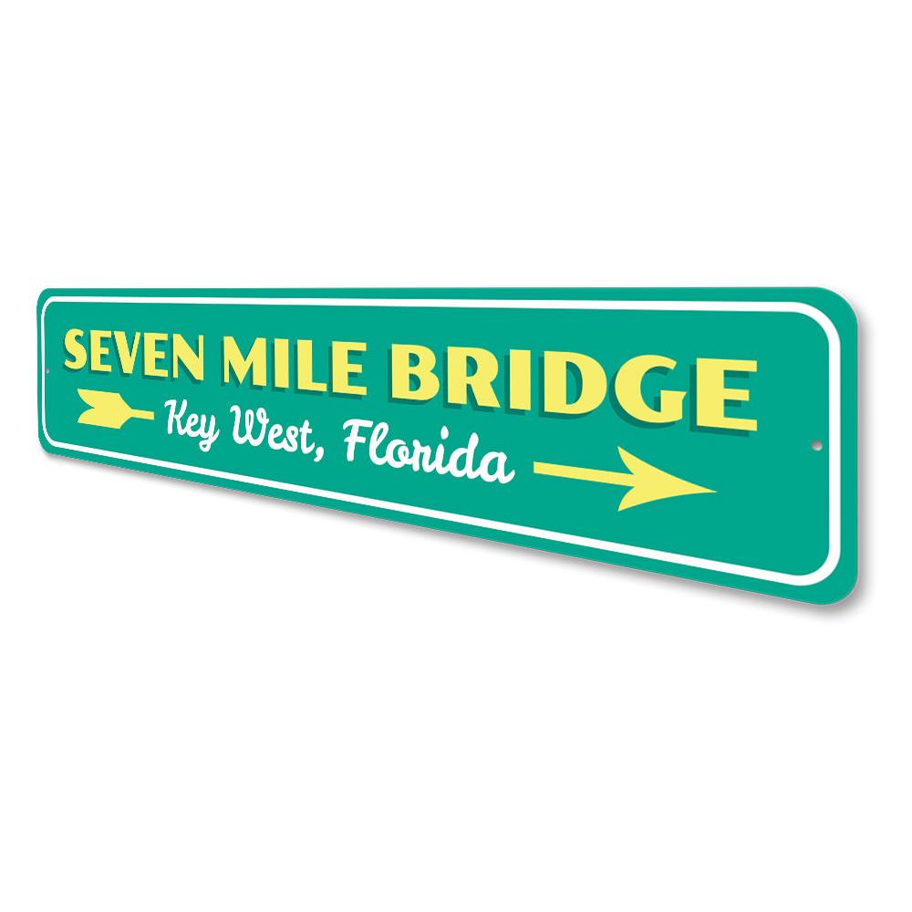 7 Mile Bridge Sign made of aluminum, featuring vibrant colors and a coastal design, perfect for beach-themed decor.