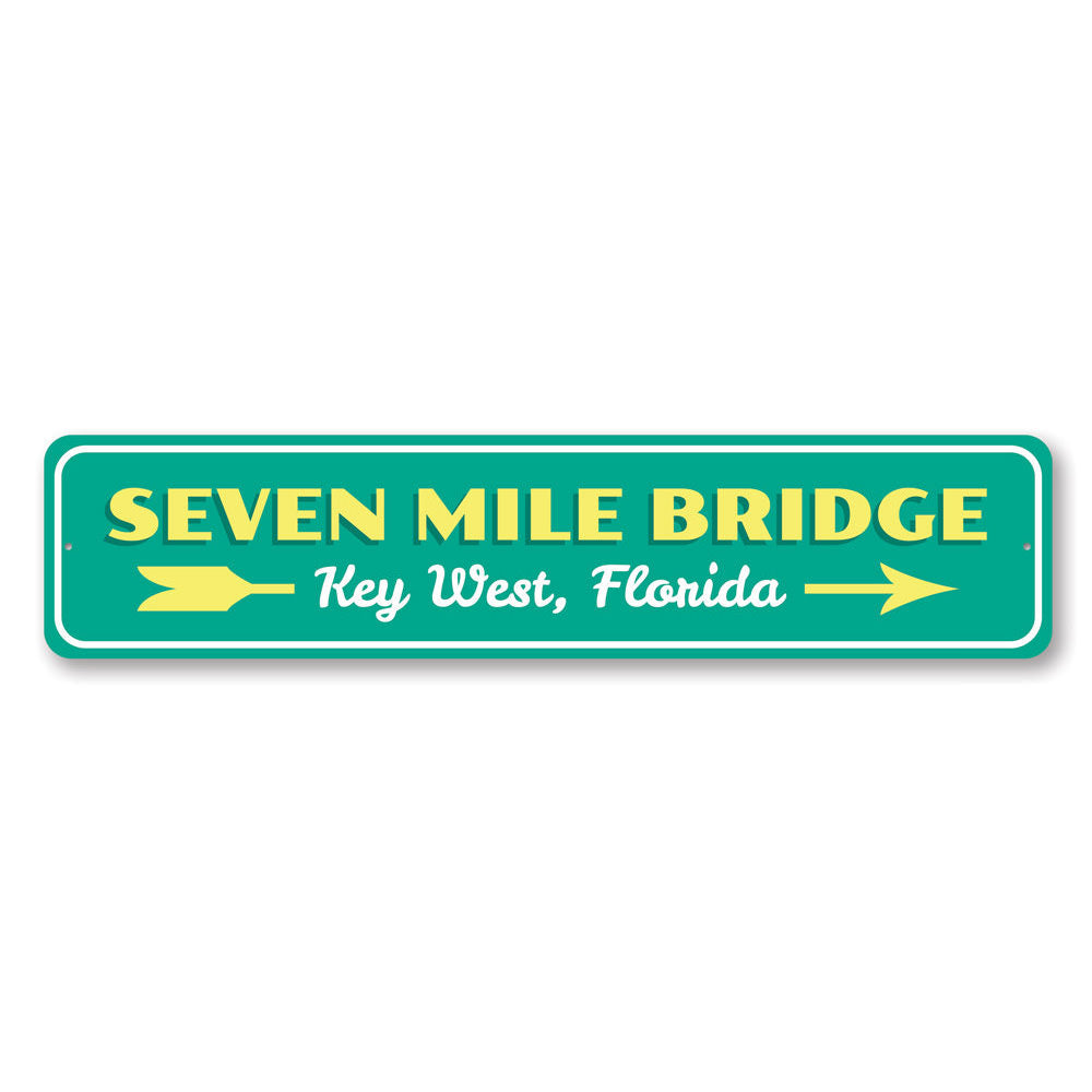 7 Mile Bridge Sign made of aluminum, featuring vibrant colors and a coastal design, perfect for beach-themed decor.