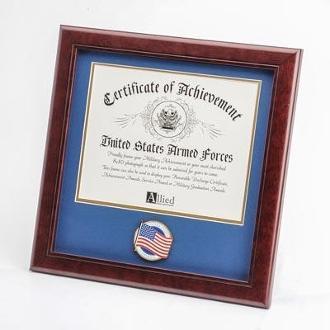 8 by 10 American Flag Medallion Certificate Frame with blue matting and gold trim, showcasing a military certificate.