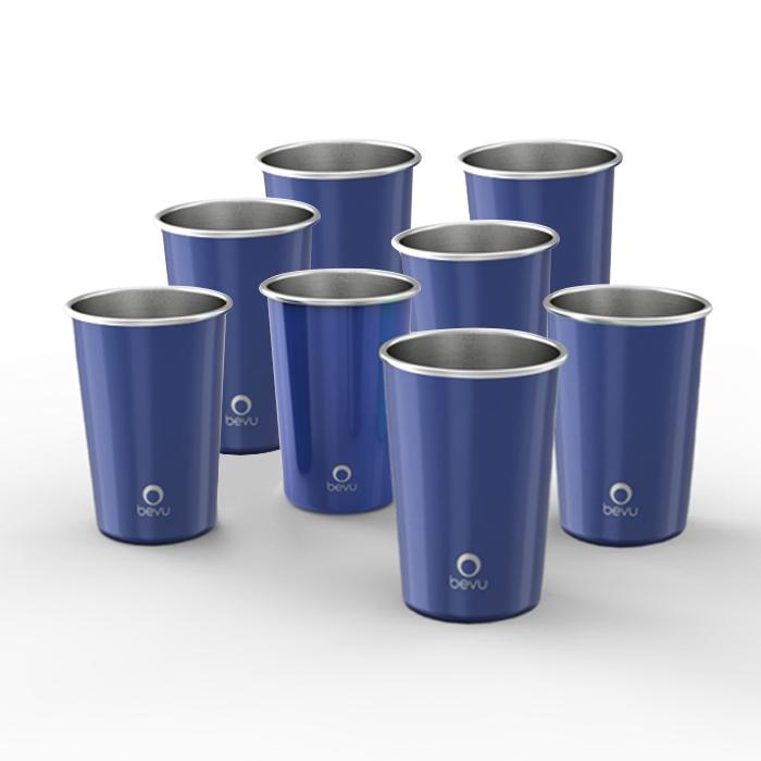 Bevu® 8 Cups Stainless Steel Cobalt Set featuring eight lightweight, stackable cups with a vibrant cobalt finish, perfect for parties and outdoor activities.