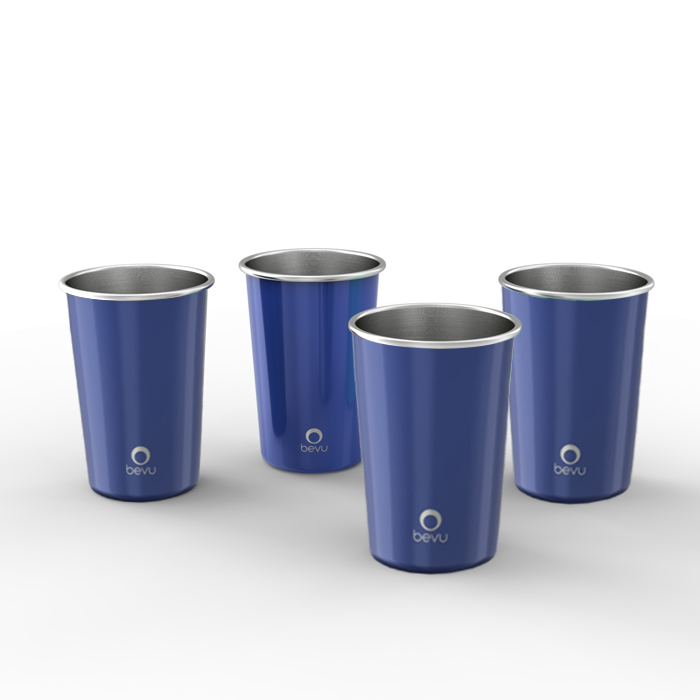 Bevu® 8 Cups Stainless Steel Cobalt Set featuring eight lightweight, stackable cups with a vibrant cobalt finish, perfect for parties and outdoor activities.