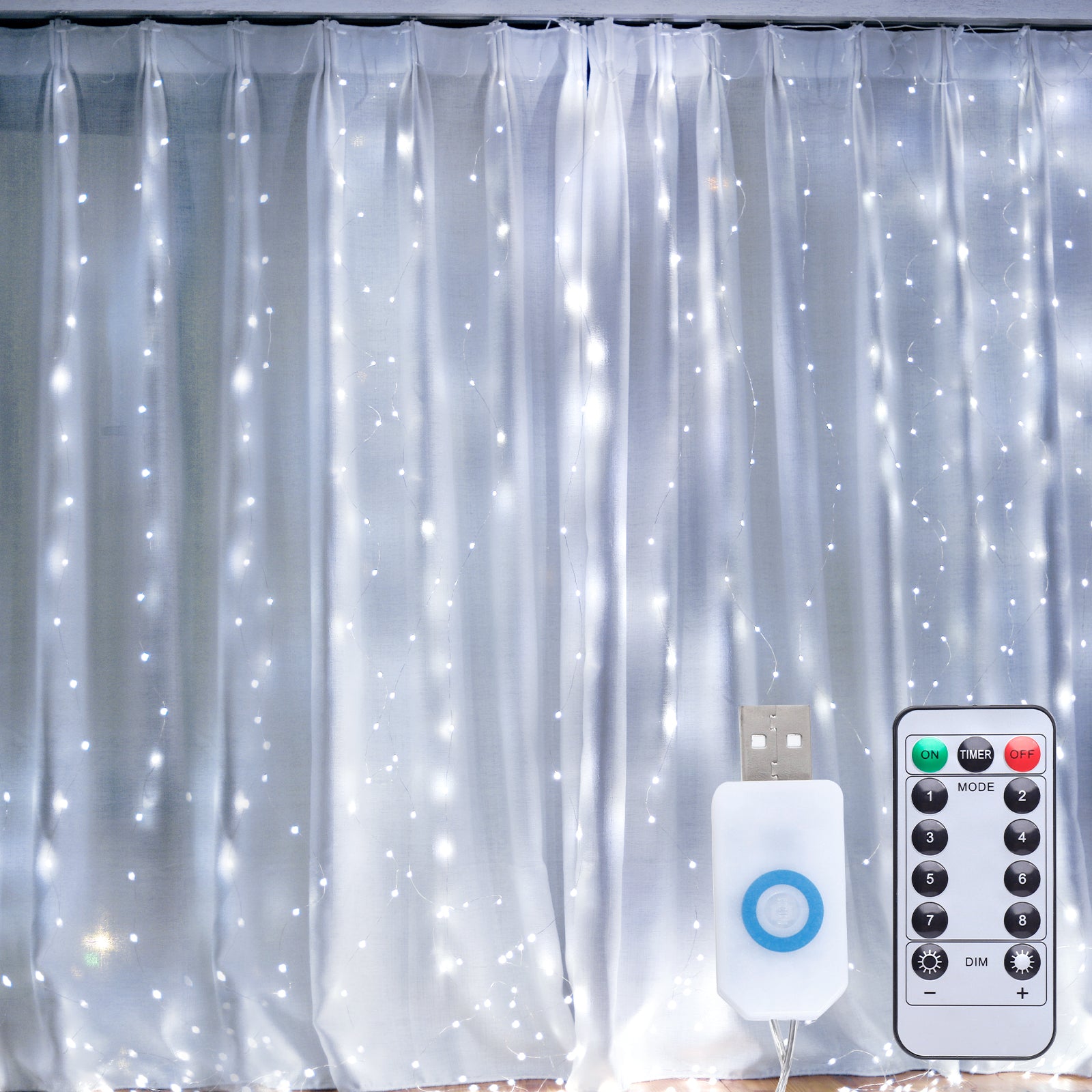 A set of 8 lighting modes fairy twinkle string lights with remote control, showcasing bright LEDs and a moonlight effect, perfect for home decoration.