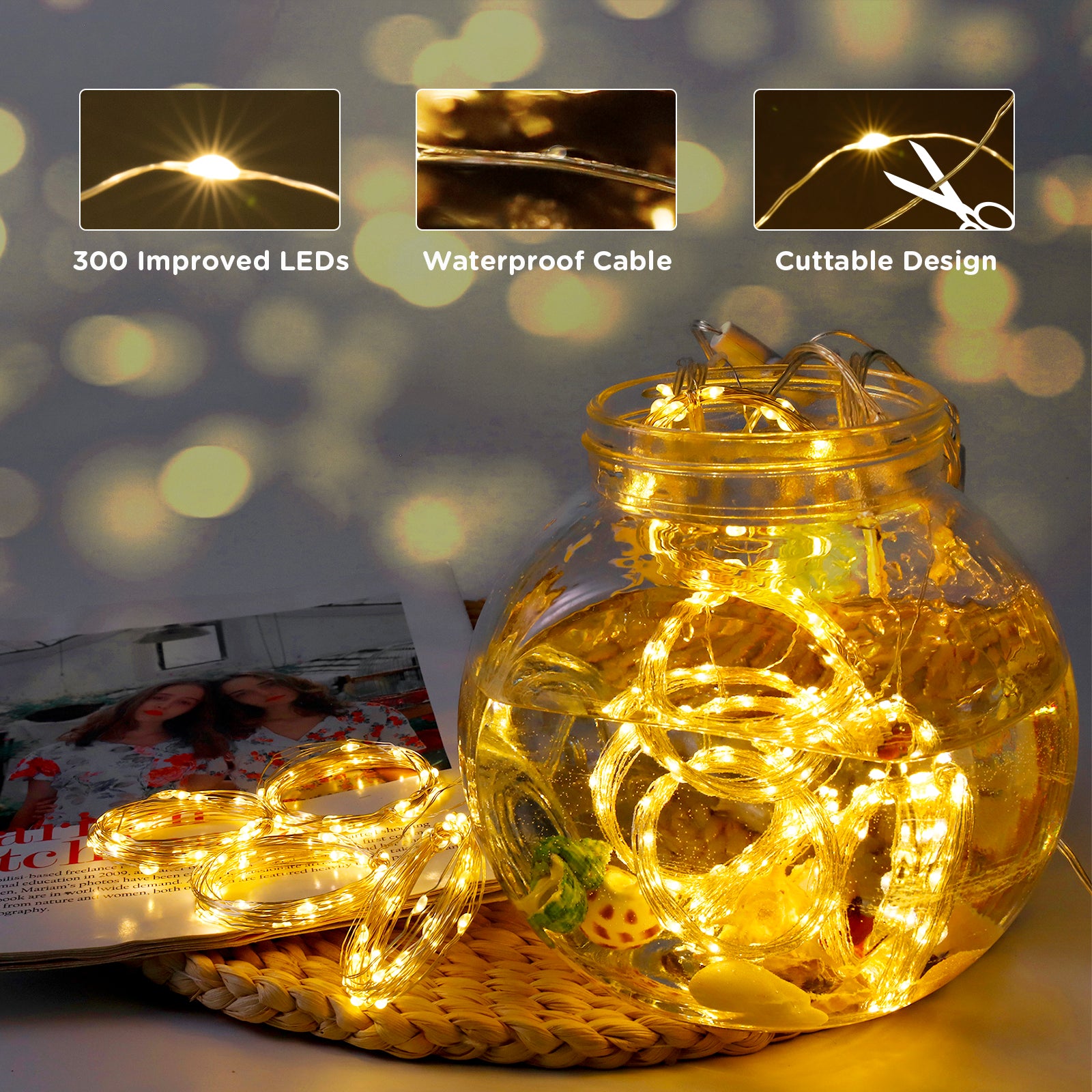 A set of 8 lighting modes fairy twinkle string lights with remote control, showcasing bright LEDs and a moonlight effect, perfect for home decoration.