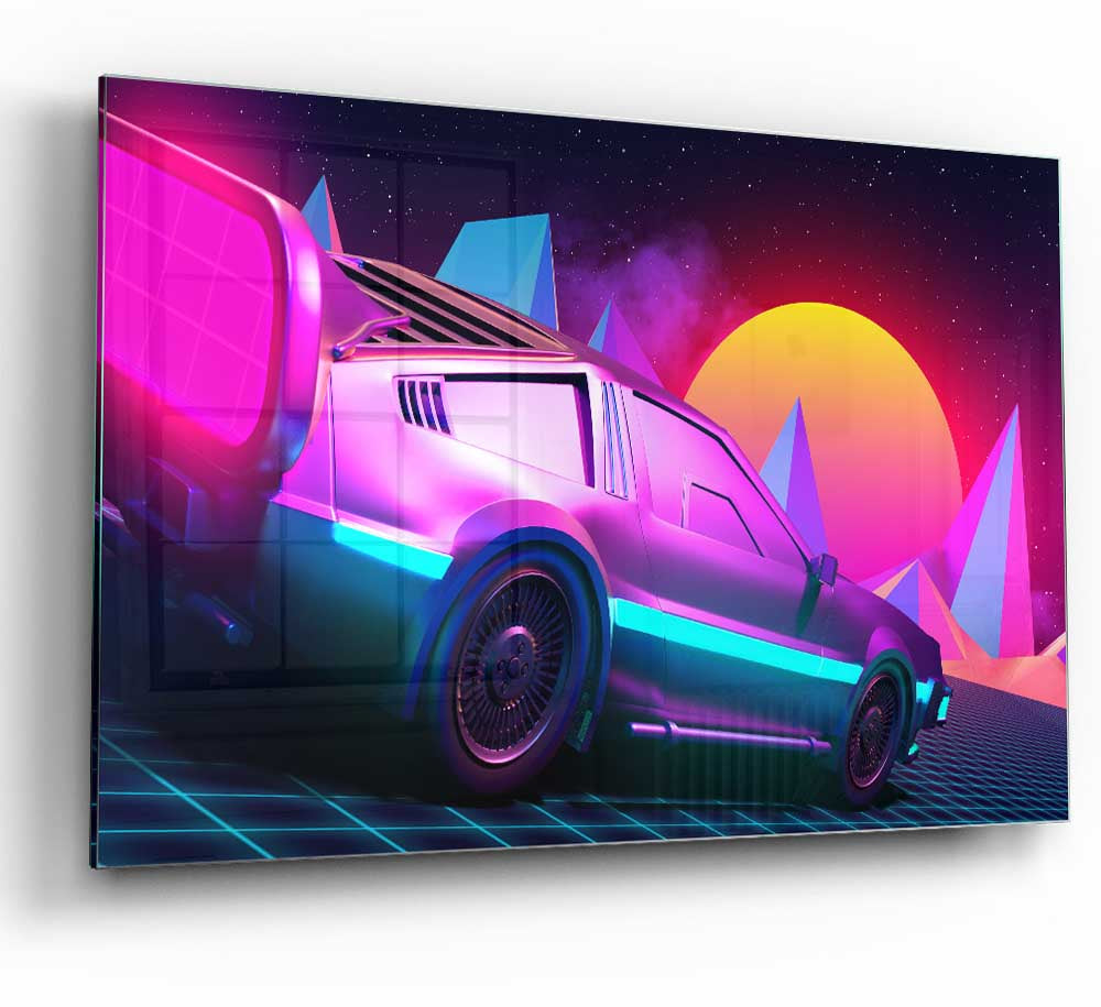 A vibrant glass print featuring the iconic 80S Delorean car in colorful design, perfect for modern decor.