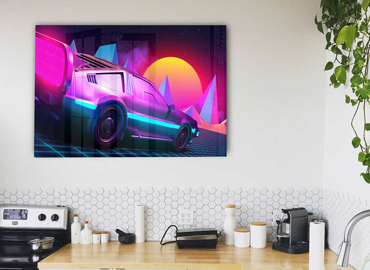 A vibrant glass print featuring the iconic 80S Delorean car in colorful design, perfect for modern decor.