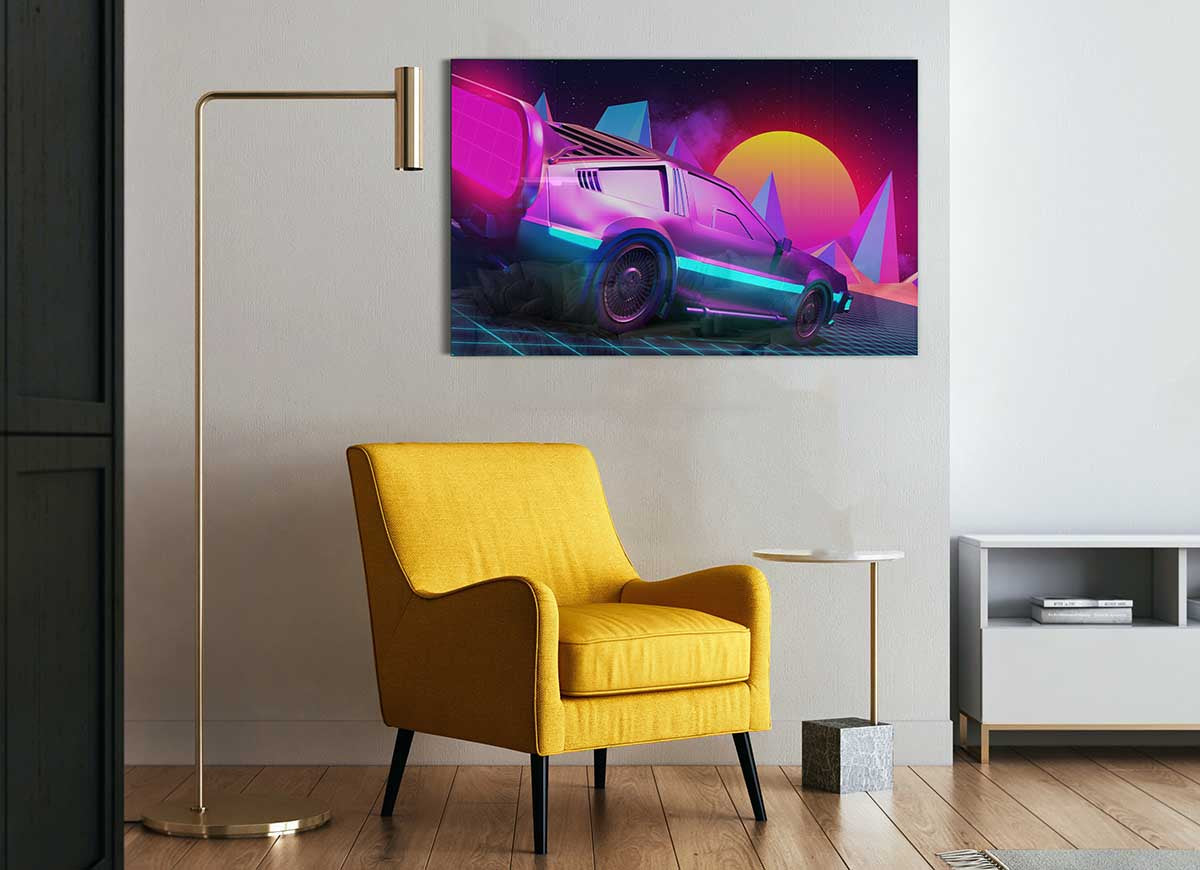 A vibrant glass print featuring the iconic 80S Delorean car in colorful design, perfect for modern decor.