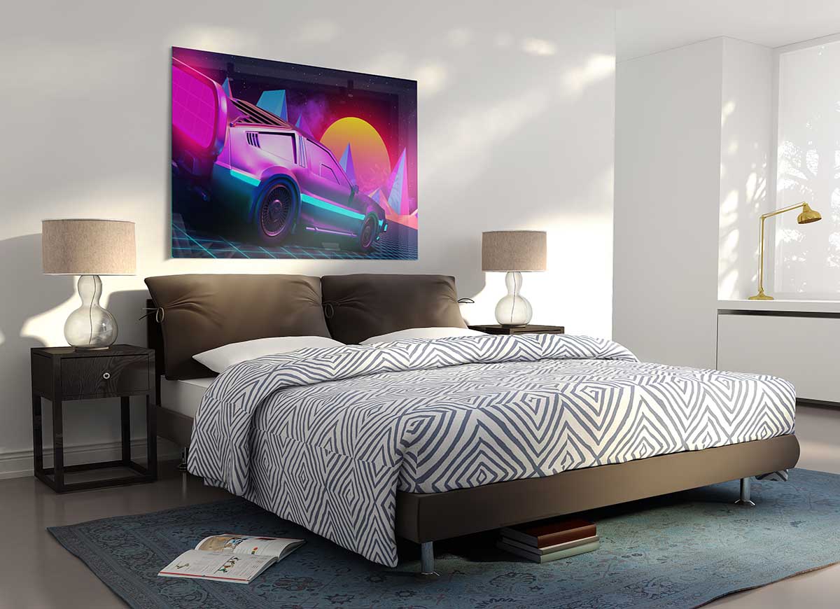 A vibrant glass print featuring the iconic 80S Delorean car in colorful design, perfect for modern decor.