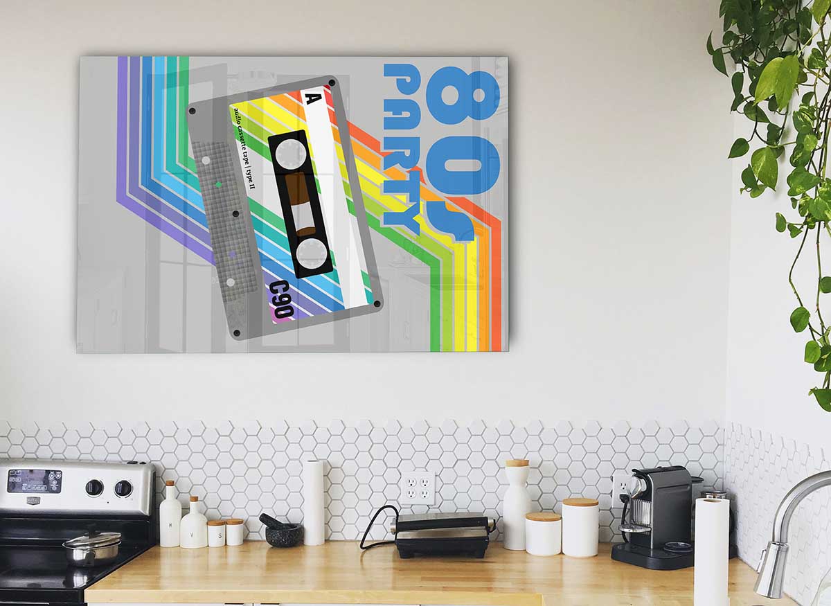 A vibrant 80's themed glass print featuring colorful retro designs, perfect for modern home decor.