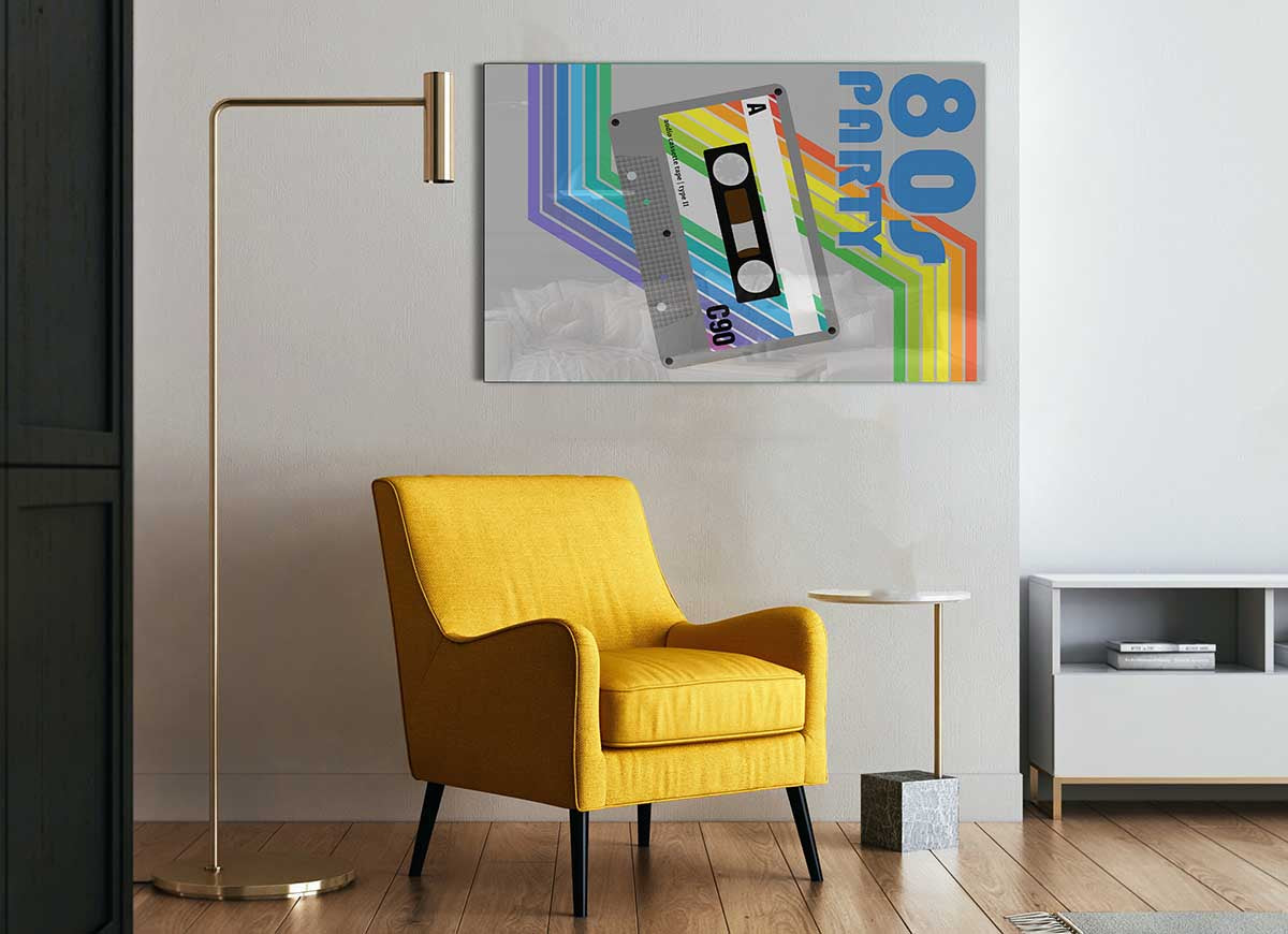 A vibrant 80's themed glass print featuring colorful retro designs, perfect for modern home decor.