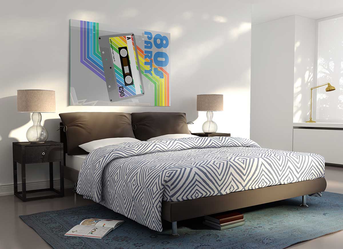 A vibrant 80's themed glass print featuring colorful retro designs, perfect for modern home decor.