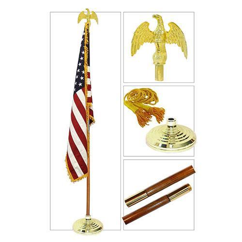 8ft U.S. indoor flag set featuring a gold-fringed nylon flag, oak finish pole, and decorative eagle topper.