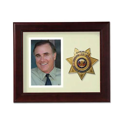 8X10 MAH VRT Sheriff Frame with black matting and gold trim, showcasing a 4x6 inch picture, made from mahogany colored wood.