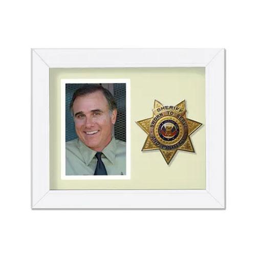 8X10 WHT VRT Sheriff Frame with black matting and gold trim, showcasing a 4x6 photo, made from mahogany-colored wood.