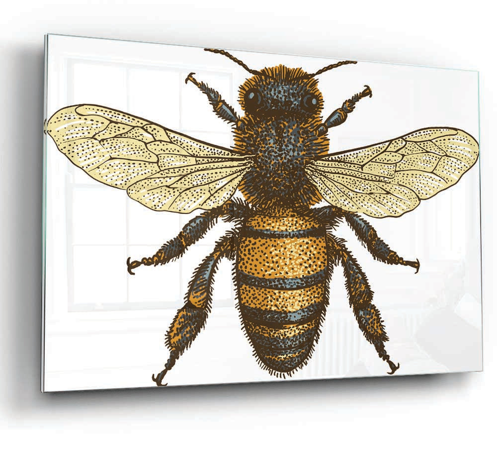 A modern glass print featuring a beautifully illustrated bee, showcasing vibrant colors and intricate details.