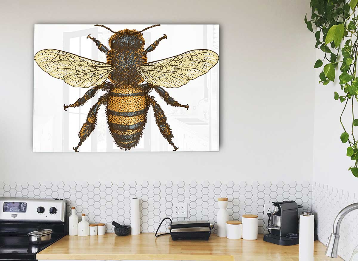 A modern glass print featuring a beautifully illustrated bee, showcasing vibrant colors and intricate details.