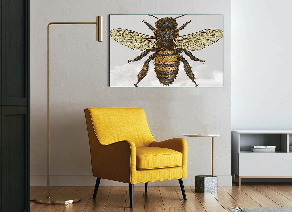 A modern glass print featuring a beautifully illustrated bee, showcasing vibrant colors and intricate details.