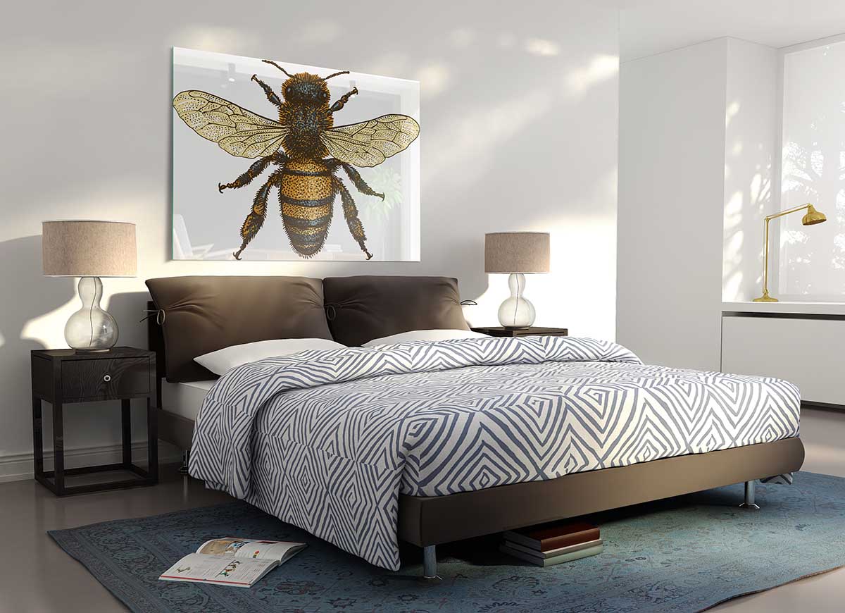 A modern glass print featuring a beautifully illustrated bee, showcasing vibrant colors and intricate details.