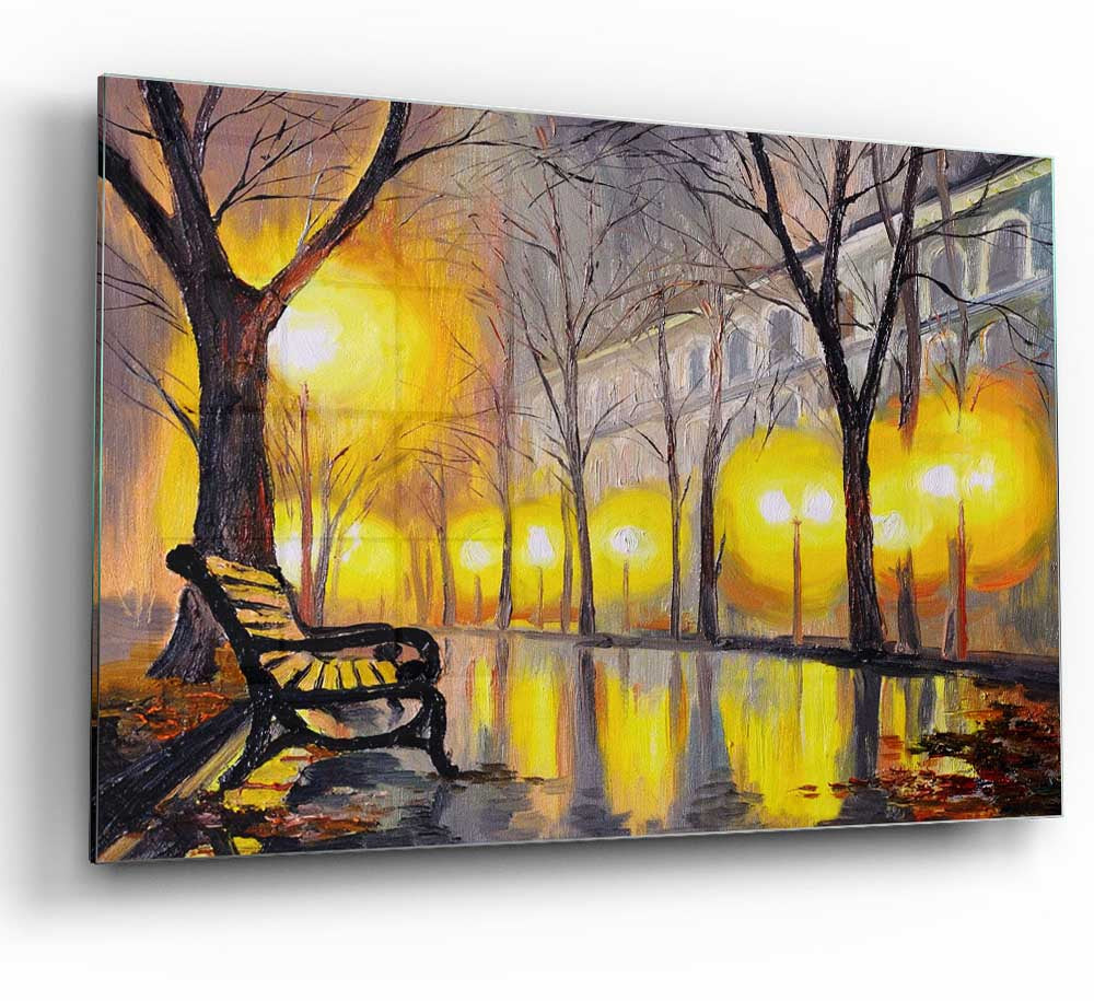 A beautiful glass print depicting a serene winter night scene with a bench surrounded by snow.