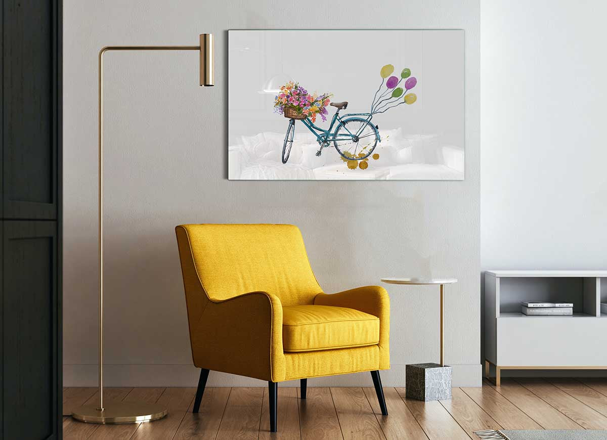 A vibrant glass print featuring a bike pulling colorful balloons, perfect for modern home decor.