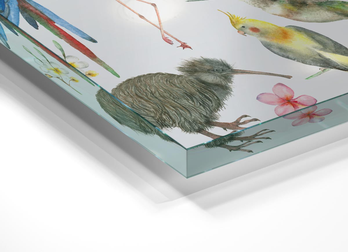 A vibrant glass print featuring a collage of various colorful birds, showcasing intricate details and modern design.