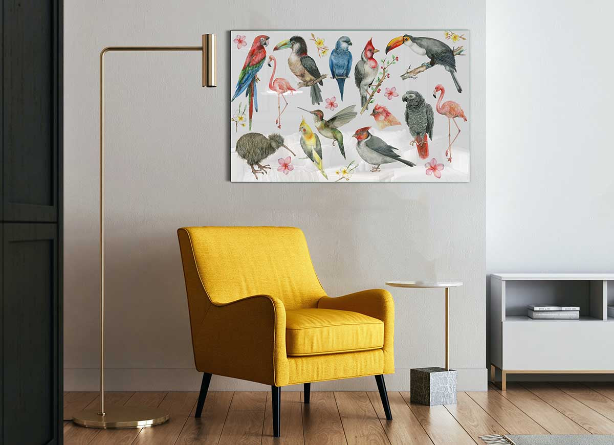 A vibrant glass print featuring a collage of various colorful birds, showcasing intricate details and modern design.