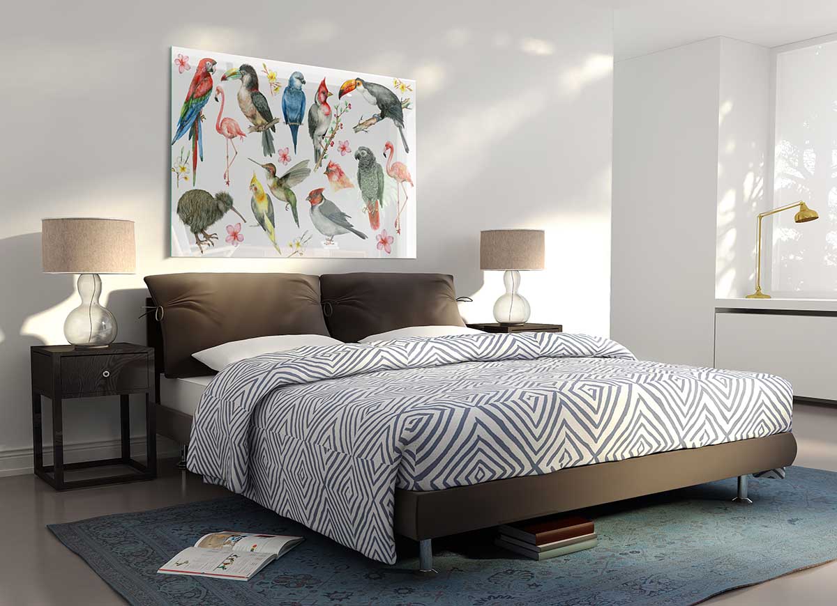 A vibrant glass print featuring a collage of various colorful birds, showcasing intricate details and modern design.