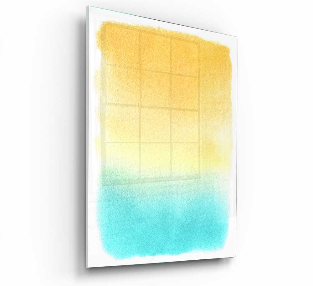 A vibrant glass print depicting a serene beach scene, featuring soft waves and a clear sky, perfect for modern home decor.