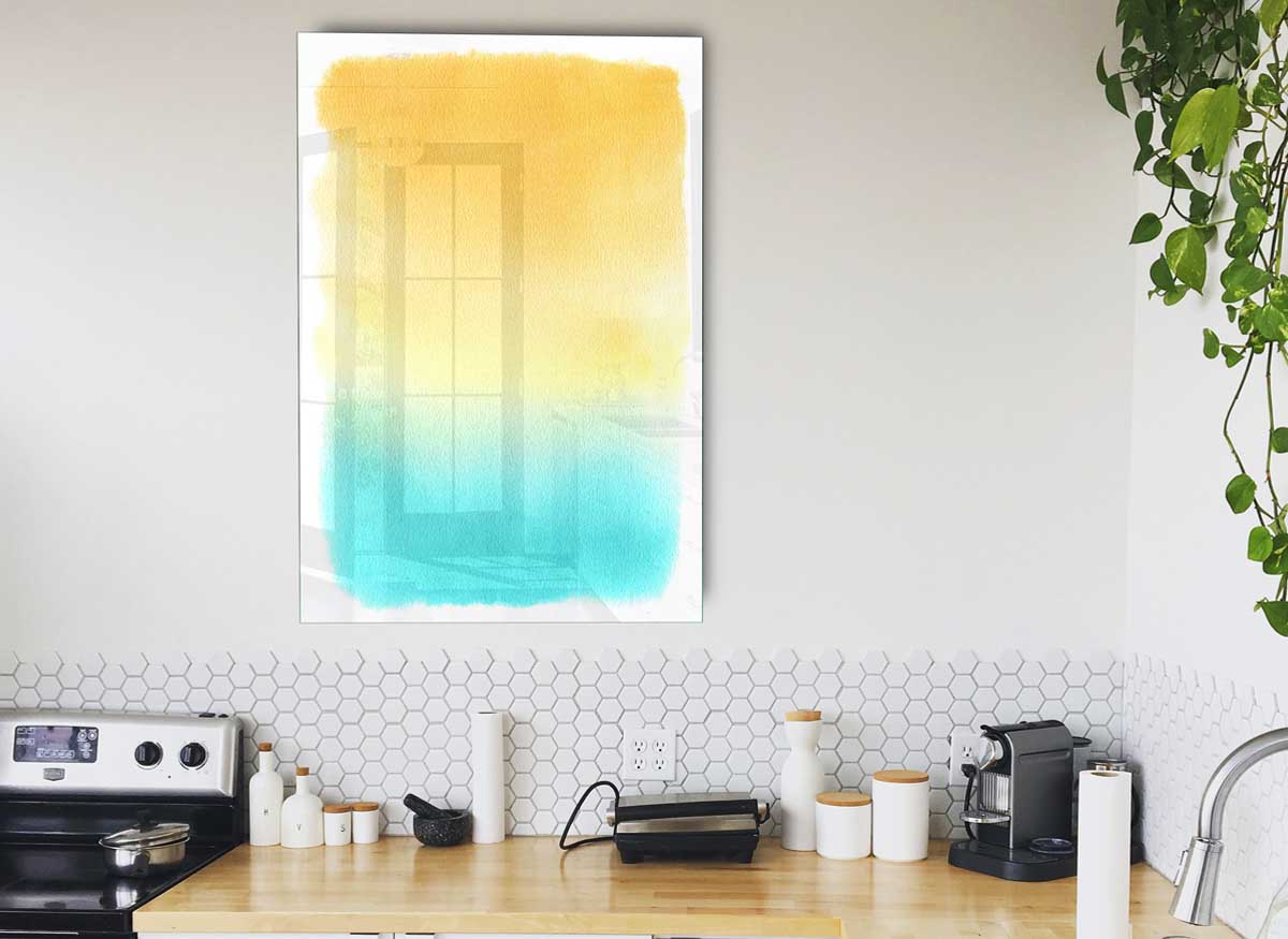 A vibrant glass print depicting a serene beach scene, featuring soft waves and a clear sky, perfect for modern home decor.