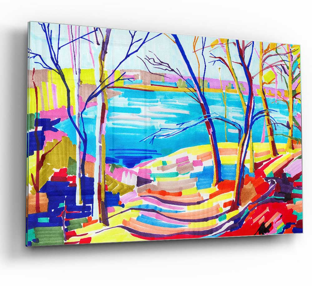 A Day At The Lake glass print featuring vibrant colors and serene lake scenery, perfect for modern home decor.