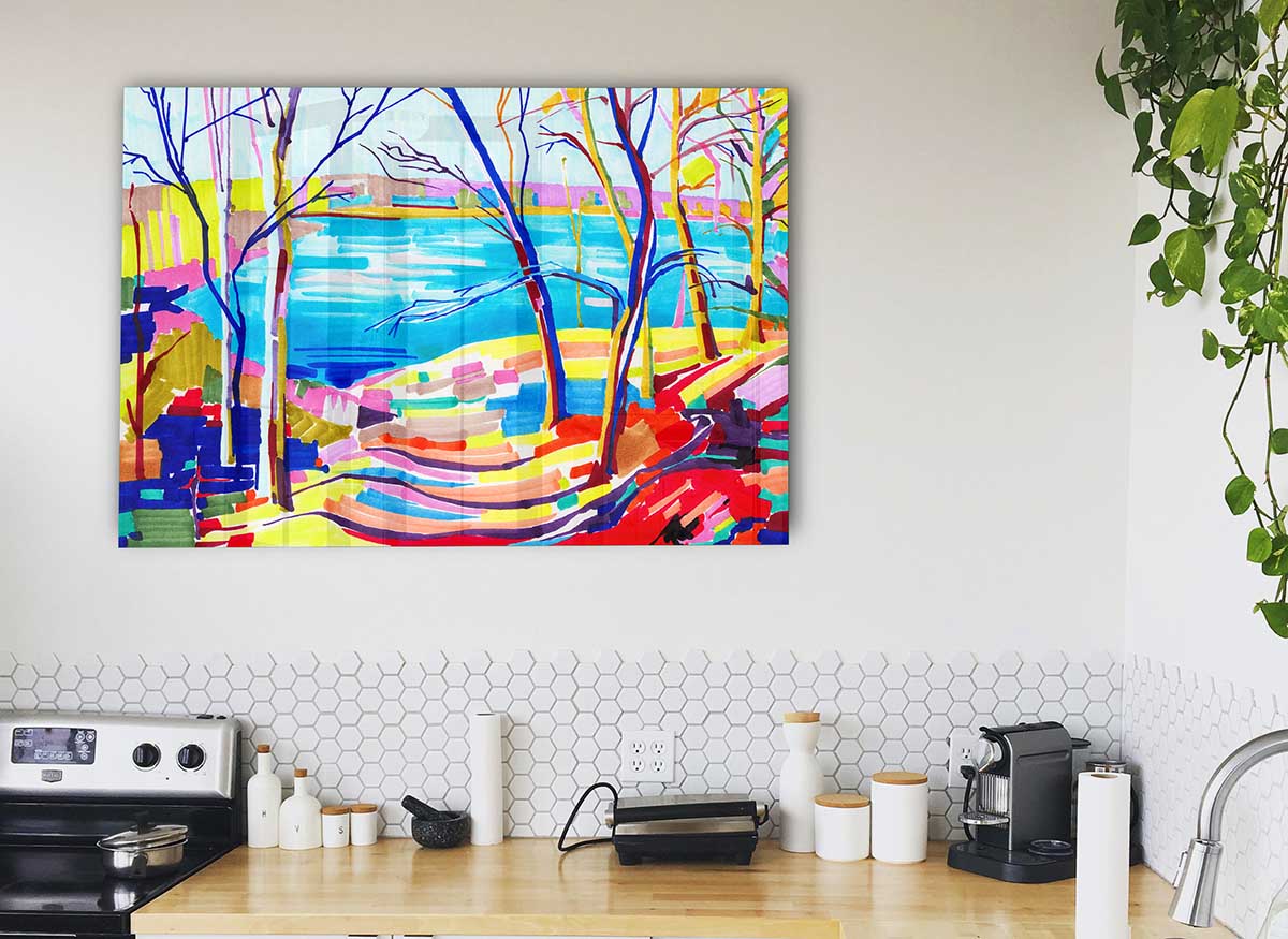 A Day At The Lake glass print featuring vibrant colors and serene lake scenery, perfect for modern home decor.