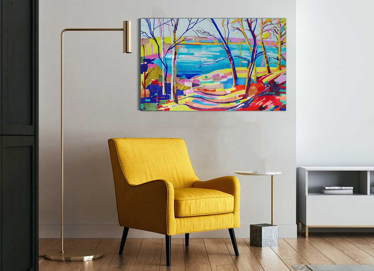 A Day At The Lake glass print featuring vibrant colors and serene lake scenery, perfect for modern home decor.