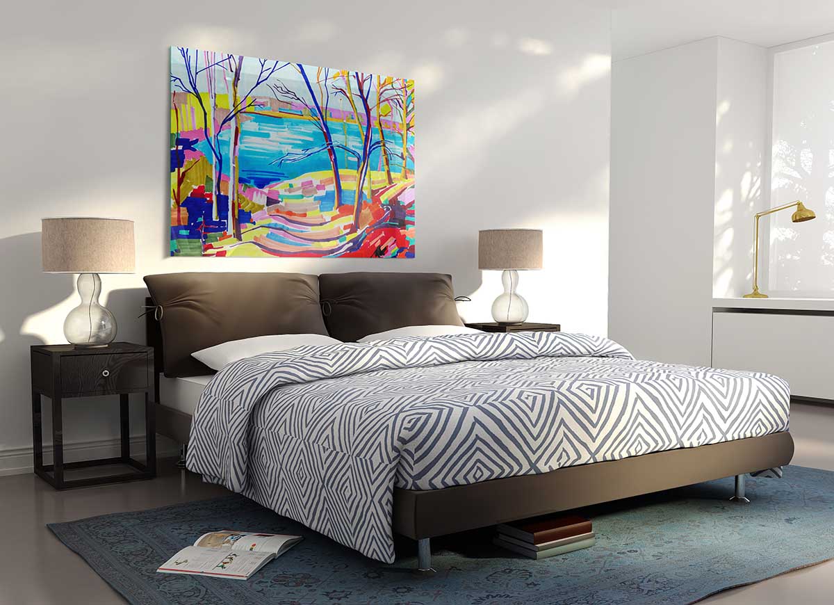 A Day At The Lake glass print featuring vibrant colors and serene lake scenery, perfect for modern home decor.