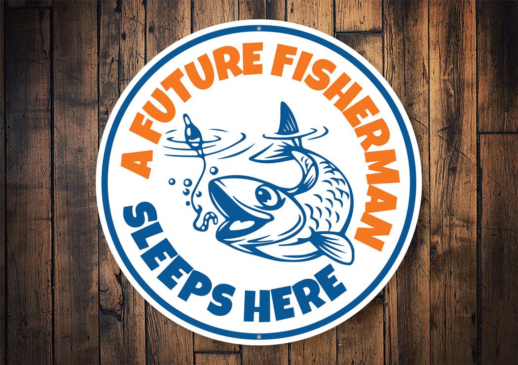 A decorative metal sign reading 'A Future Fisherman Sleeps Here' designed for kids' rooms, featuring fishing-themed graphics.