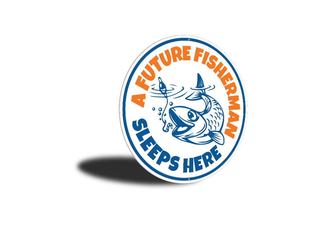 A decorative metal sign reading 'A Future Fisherman Sleeps Here' designed for kids' rooms, featuring fishing-themed graphics.