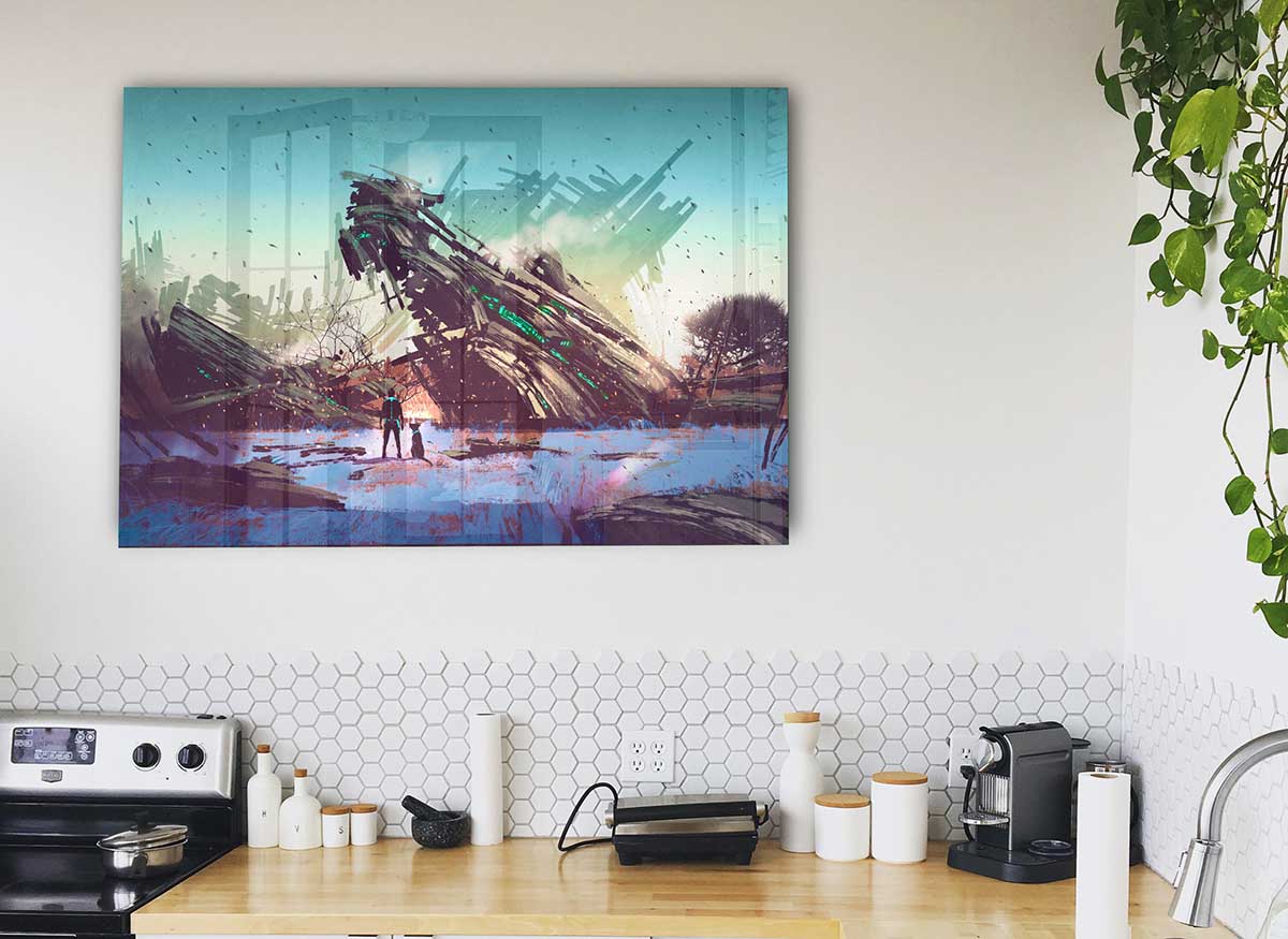 A stunning glass print of a shipwreck, showcasing intricate details and vibrant colors, perfect for modern home decor.