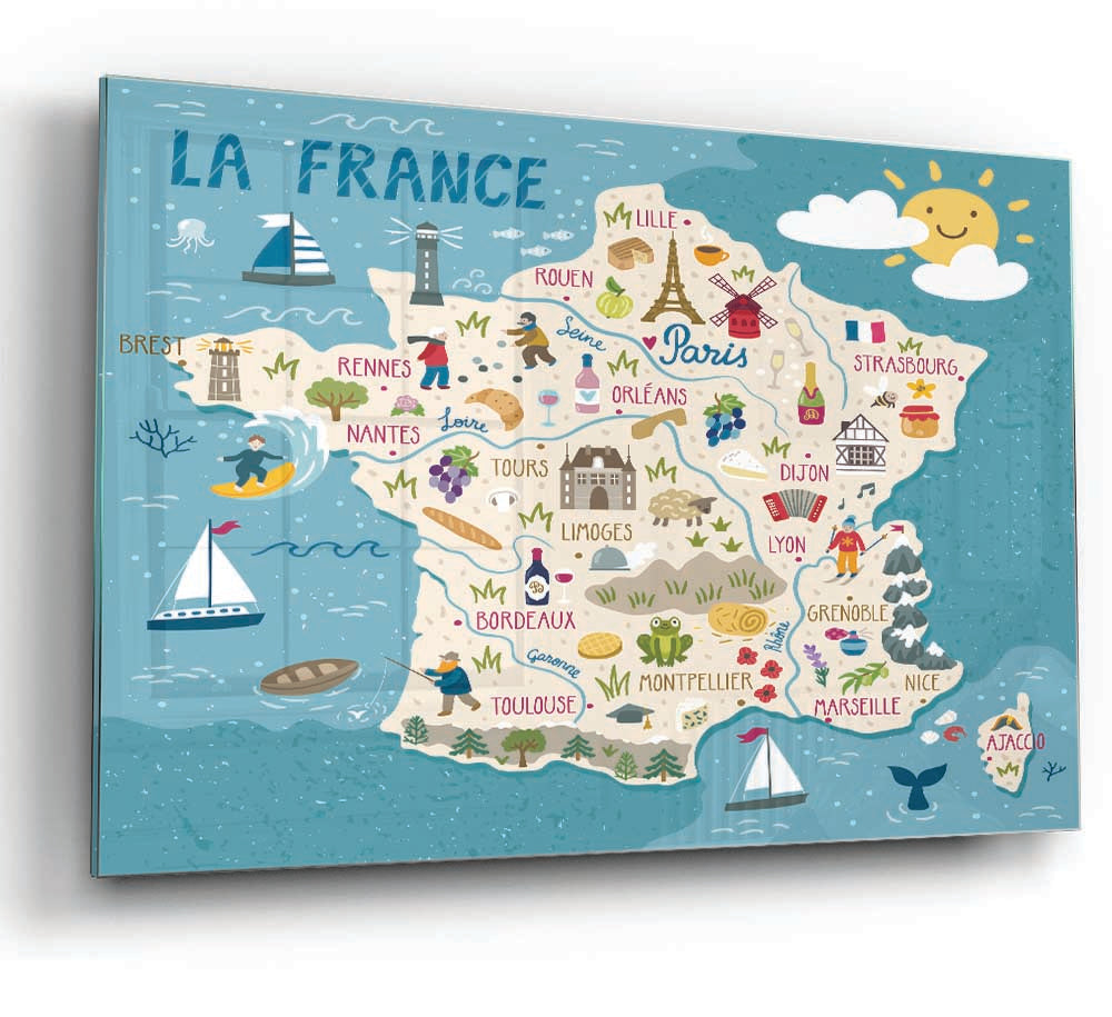 A beautifully designed glass print featuring a detailed map of France, showcasing vibrant colors and modern aesthetics.