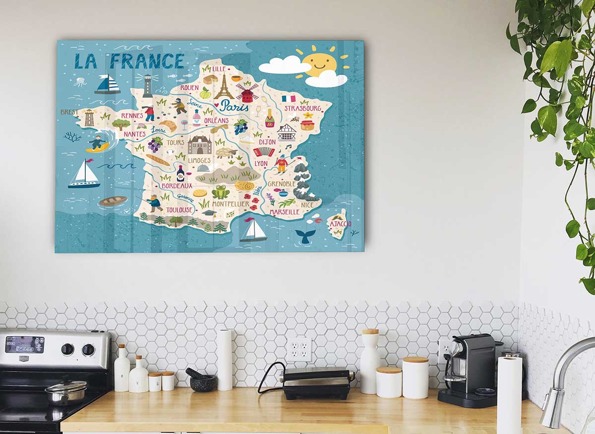 A beautifully designed glass print featuring a detailed map of France, showcasing vibrant colors and modern aesthetics.