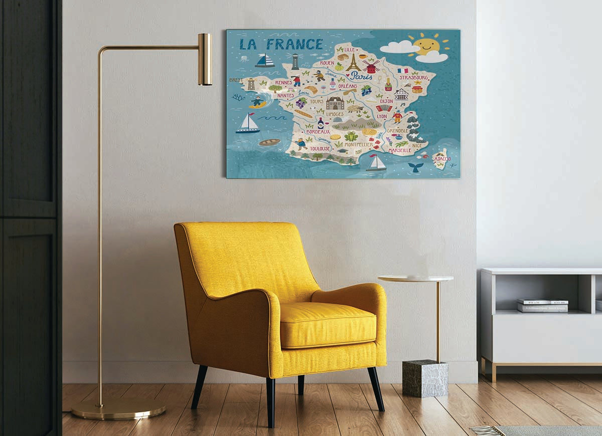 A beautifully designed glass print featuring a detailed map of France, showcasing vibrant colors and modern aesthetics.