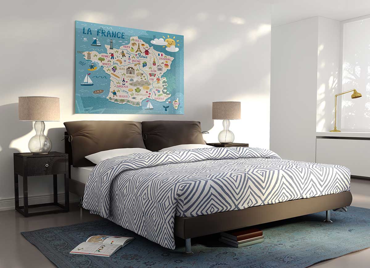 A beautifully designed glass print featuring a detailed map of France, showcasing vibrant colors and modern aesthetics.