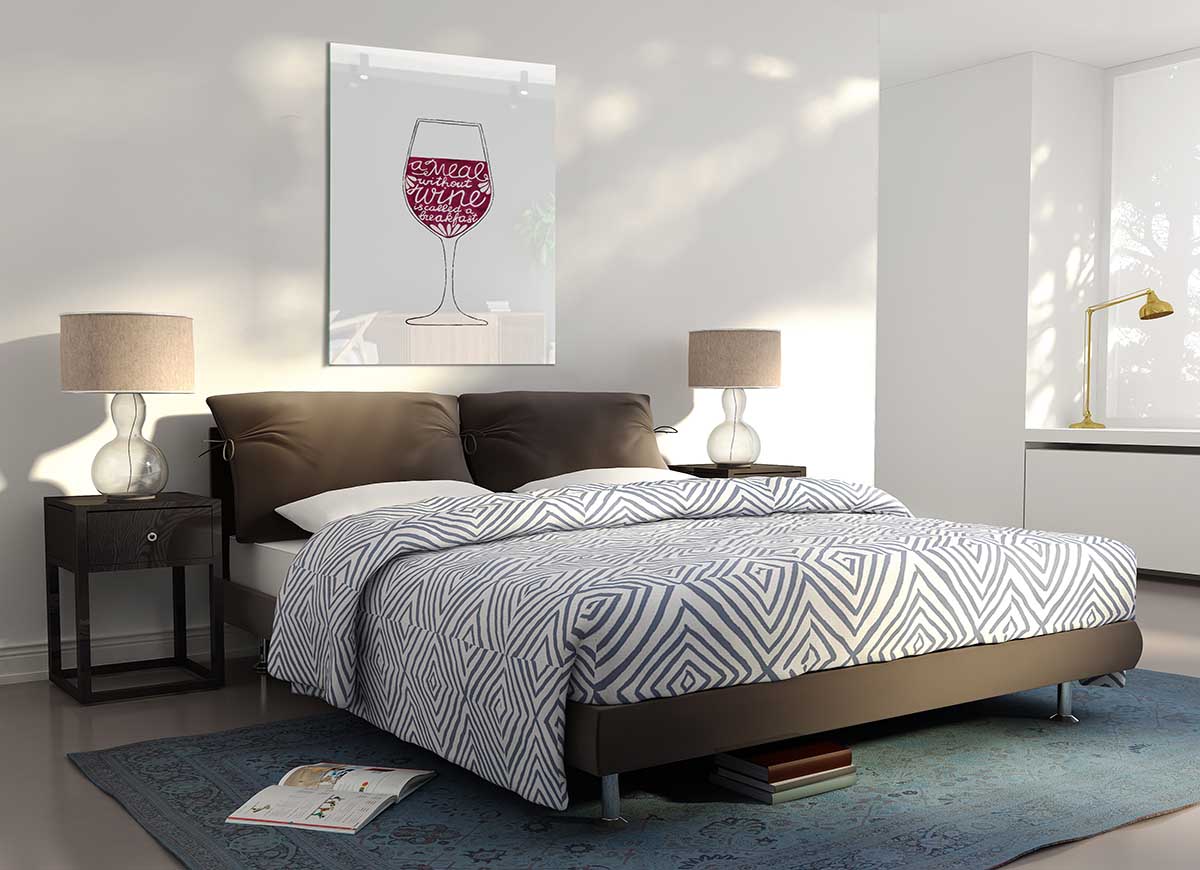 A modern glass print featuring a stylish breakfast theme, perfect for home decor.