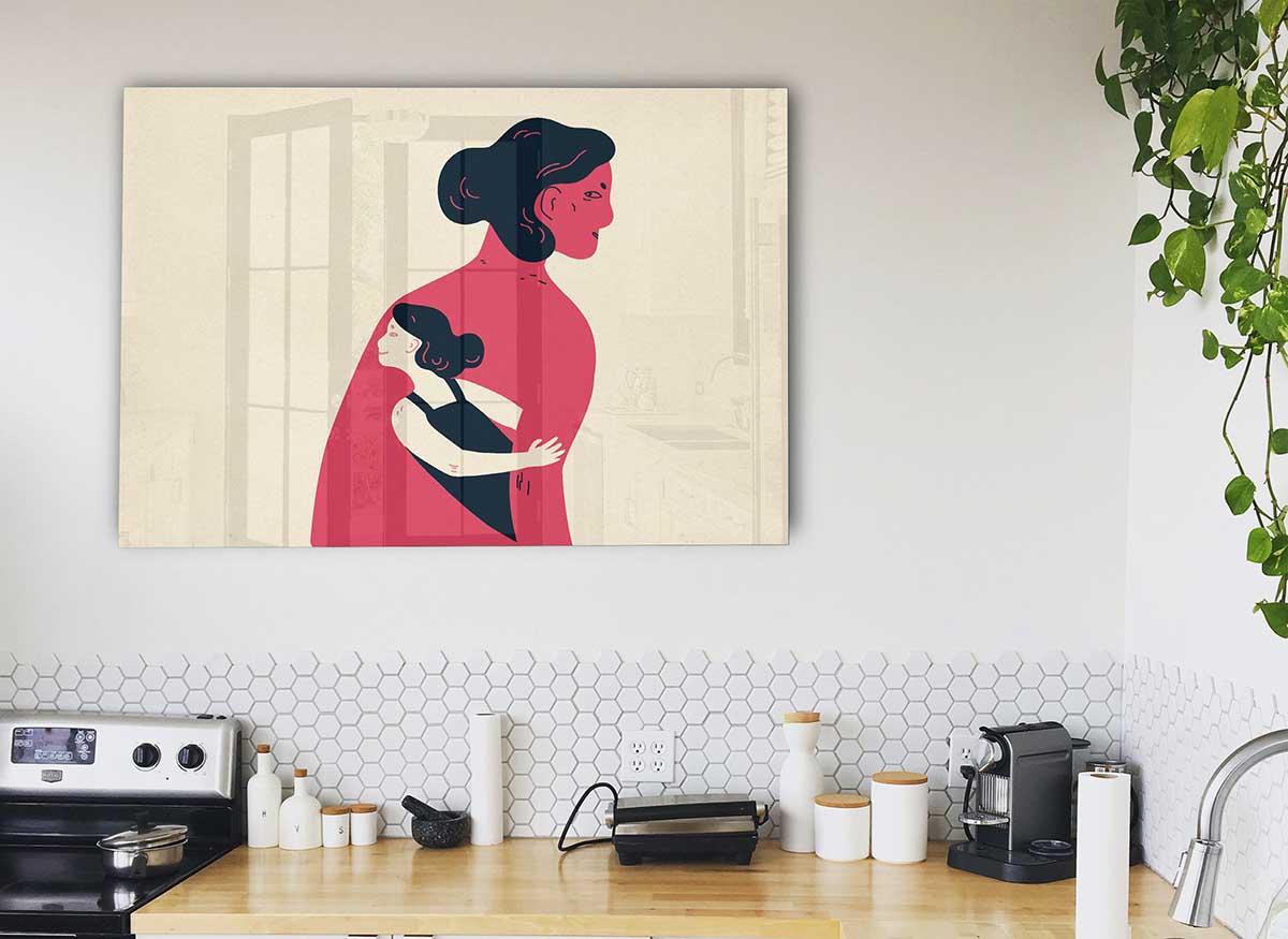 A Mothers Hug glass print featuring a heartwarming design, perfect for modern home decor.