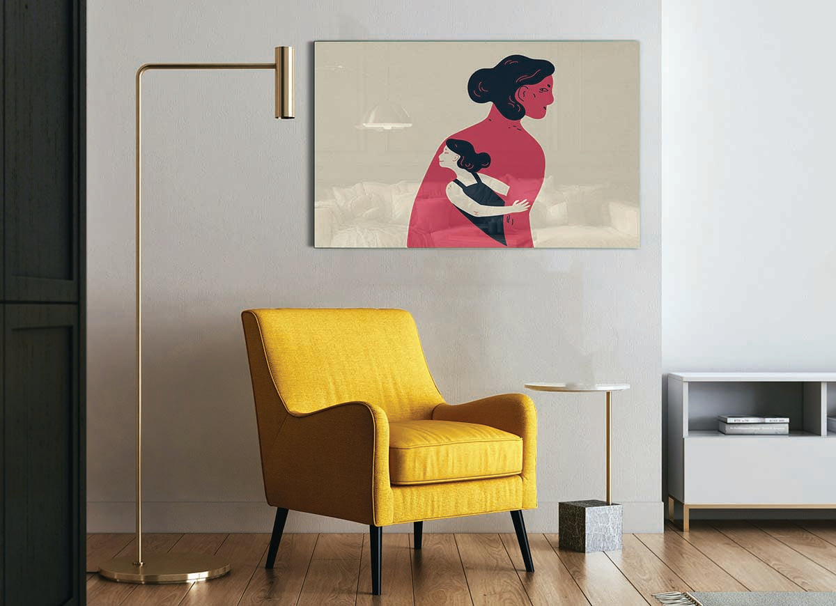 A Mothers Hug glass print featuring a heartwarming design, perfect for modern home decor.