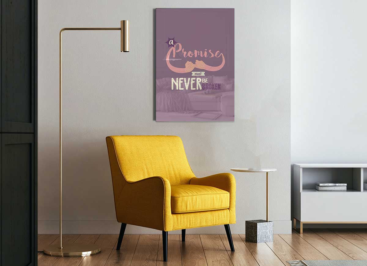 A modern glass print titled 'A Promise Must Never be Broken', showcasing vibrant colors and intricate details, perfect for home decor.