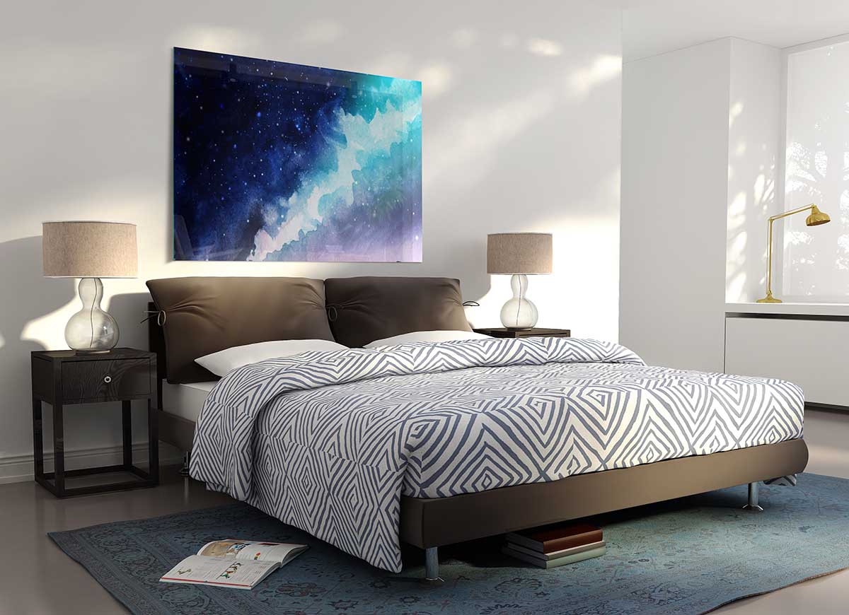 A Rip In Space glass print featuring a vibrant space-themed design, showcasing intricate details and colors.