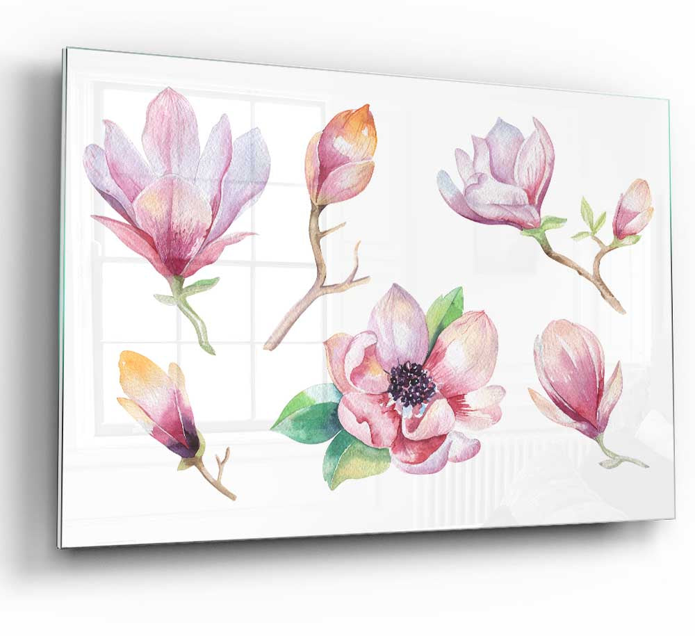 A vibrant glass print featuring a selection of watercolour flowers in various colors, perfect for modern home decor.