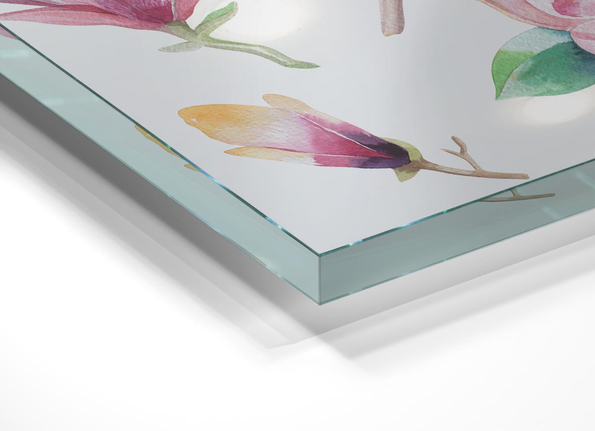 A vibrant glass print featuring a selection of watercolour flowers in various colors, perfect for modern home decor.